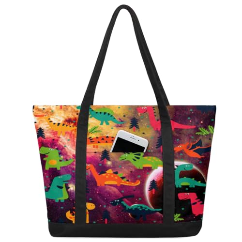 Planet Galaxy Dinosaurier-Handtasche für Damen, Mädchen, Galaxie-Design, große Tragetasche, 22,2 l, große Kapazität, Reißverschluss, Segeltuch, Schultertasche für Reisen, Arbeit, Schule, farbig, von WowPrint