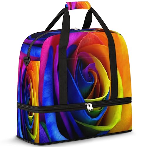 Rainbow Rose Reisetasche für Damen und Herren, bunte Rose, Wochenende, Übernachtungstaschen, faltbar, nass, getrennt, 47 l, Tragetasche für Sport, Fitnessstudio, Yoga, farbe, 47 L, Taschen-Organizer von WowPrint