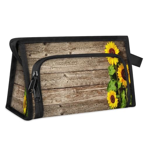 Reise-Make-up-Tasche für Damen und Herren, Herbst-Sonnenblumen-Holz, Kosmetiktasche, Kulturbeutel, Toilettenartikel, Duschtasche, Organizer, farbe, L, Taschen-Organizer von WowPrint