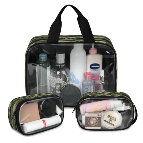 Reise-Make-up-Tasche mit Dinosaurier-Motiv, für Damen und Herren, Camouflage, durchscheinend, 3 Stück, groß, Duschbeutel, Kulturbeutel, Kosmetik, Toilettenartikel, Organizer, farbe, L, Kosmetiktasche von WowPrint