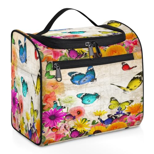 Reise-Make-up-Tasche mit alten Schmetterlingen und Blumen, für Damen, Herren, Kinder, Mädchen, Jungen, 11,2 l, Kosmetiktasche, Kulturbeutel, Kulturbeutel, Kulturbeutel, Organizer, Duschtasche, farbe, von WowPrint