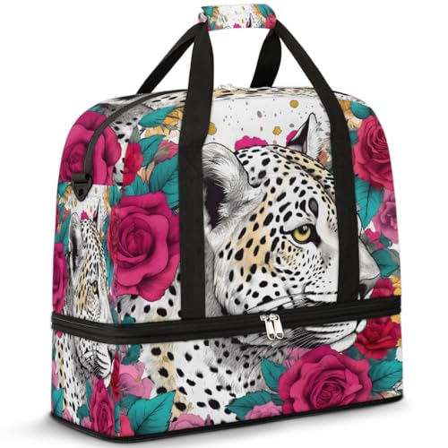 Reisetasche, Motiv: Blumen, Leoparden, Rose, für Damen, Herren, Wochenende, Übernachtungstaschen, faltbar, nass, getrennt, 47 l, Tragetasche für Sport, Fitnessstudio, Yoga, farbe, 47L, von WowPrint