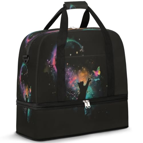 Reisetasche für Damen und Herren, Motiv: Wasserfarbe, Katze, Schmetterling, Wochenende, Übernachtung, faltbar, nass getrennt, 47 l, Tragetasche für Sport, Fitnessstudio, Yoga, farbe, 47 L, von WowPrint