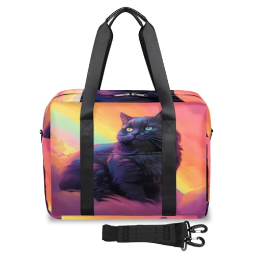 Schwarze Katze, abstrakte Regenbogen, Reisetasche, Reisetasche für Damen und Herren, Wochenende, Übernachtungstasche, 32 l, große Reisetasche, Kabinentasche für Sport, Fitnessstudio, Yoga, farbe, von WowPrint