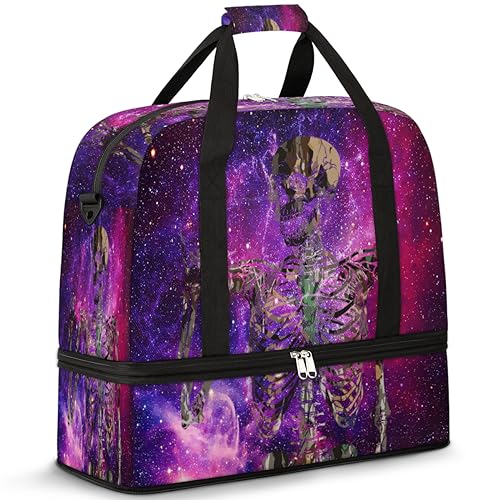 Skull Galaxy Travel Duffle Bag for Women Men Funny Skull Weekend Overnight Bags Foldable Wet Separated 47L Tote Bag for Sports Gym Yoga, farbe, 47 L, Taschen-Organizer von WowPrint