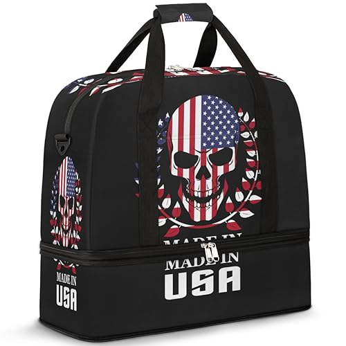 Skull USA Flag Travel Duffle Bag for Women Men Skull Weekend Overnight Bags Foldable Wet Separated 47L Tote Bag for Sports Gym Yoga, farbe, 47 L, Taschen-Organizer von WowPrint