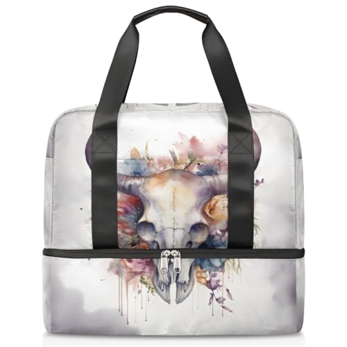 Sport Duffle Bag für Damen Herren Jungen Kirls, Blume Kuh Schädel 21L Wochenende Übernachtung Taschen Nass Getrennte Tote Bag für Reisen Gym Yoga, farbe, 21L, Taschen-Organizer von WowPrint