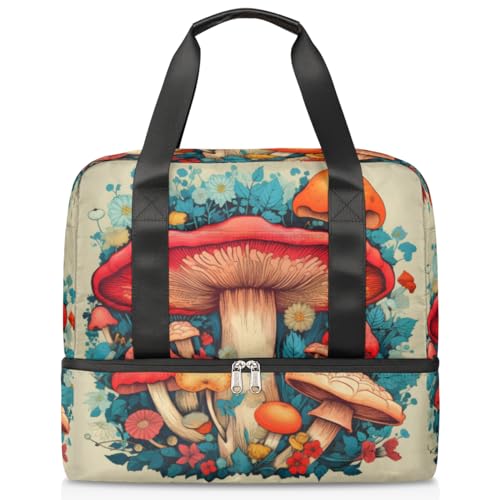 Sport Duffle Bag für Damen Herren Jungen Kirls, Pilz Blumen Design 21L Wochenende Übernachtung Taschen Nass Getrennte Tragetasche für Reisen Gym Yoga, farbe, 21L, Taschen-Organizer von WowPrint