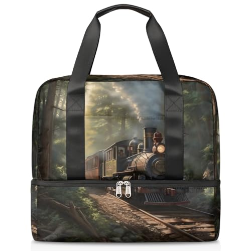 Sport Duffle Bag für Damen Herren Jungen Kirls, Wald Vintage Dampfzug Wochenende Übernachtung Taschen Nass Getrennt 21L Tragetasche für Reisen Gym Yoga, farbe, 21L, Taschen-Organizer von WowPrint