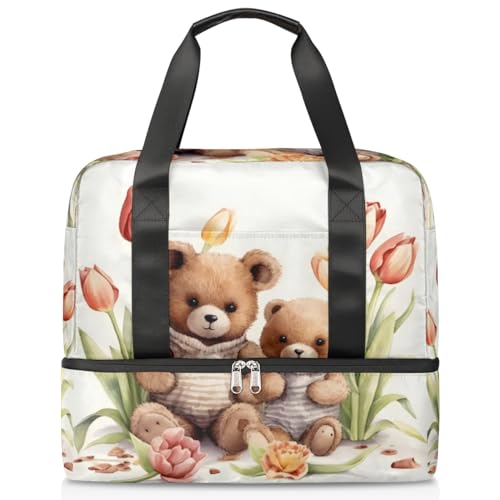 Sport Duffle Bag für Damen Herren Jungen Kirls, süße Bär Blume Tulpen 21L Wochenende Übernachtung Taschen Nass Getrennte Tragetasche für Reisen Gym Yoga, farbe, 21L, Taschen-Organizer von WowPrint