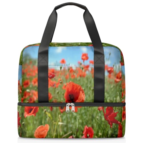 Sporttasche mit Mohnblumen-Motiv, für Damen, Herren, Jungen, Kirls, Wochenende, Übernachtungstaschen, nass getrennt, 21 l, Tragetasche für Reisen, Fitnessstudio, Yoga, farbe, 21L, Taschen-Organizer von WowPrint