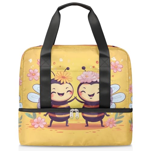 Süße Blume Cartoon Biene Sport Duffle Bag für Frauen Männer Jungen Kirls, 21L Wochenende Übernachtung Taschen Nass Getrennte Tragetasche für Reisen Gym Yoga, farbe, 21L, Taschen-Organizer von WowPrint