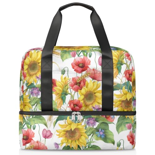 Sunflower Poppy Flower Summer Sports Duffle Bag for Women Men Boys Kirls Weekend Overnight Bags Wet Separated 21L Tote Bag for Travel Gym Yoga, farbe, 21L, Taschen-Organizer von WowPrint