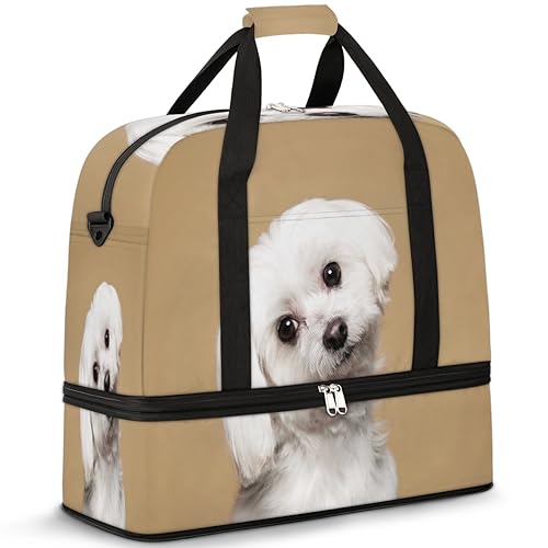 Tiere Hund Reise Duffle Bag für Damen Herren Niedlich Malteser Hund Wochenende Übernachtung Taschen Faltbar Nass Getrennt 47L Tragetasche für Sport Gym Yoga, farbe, 47 L, Taschen-Organizer von WowPrint