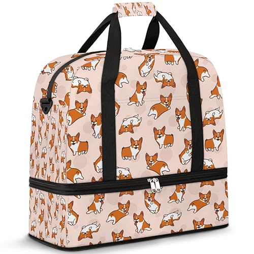 Tiere Hunde Reise Duffle Bag für Damen Herren Cute Corgi Hund Wochenende Übernachtung Taschen Faltbare Nass Getrennt 47L Tragetasche für Sport Gym Yoga, farbe, 47 L, Taschen-Organizer von WowPrint