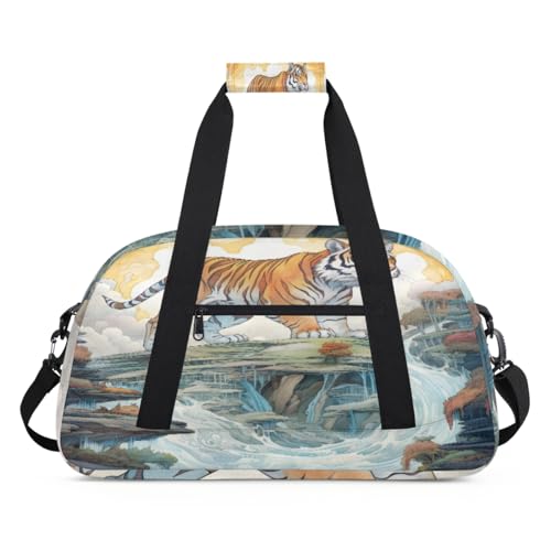 Tiger Landschaftsmalerei Kinder Duffel Taschen für Mädchen Jungen, Übernachtung Wochenender Reisetasche 24L Sport Gym Duffel Bag Praxis Tote Tragetasche, farbe, (24L) UK, Taschen-Organizer von WowPrint