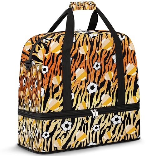 Tiger Soccer Trophäe Reisetasche für Damen und Herren, Tiger-Drucke, Wochenende, Übernachtungstaschen, faltbar, nass getrennt, 47 l, Tragetasche für Sport, Fitnessstudio, Yoga, farbe, 47 L, von WowPrint