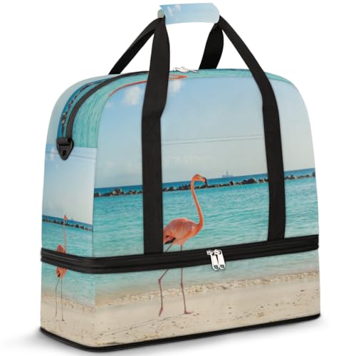 Travel Duffle Bag for Women Men, Sea Beach Flamingo Weekend Overnight Bags Foldable Wet Separated 47L Tote Bag for Sports Gym Yoga, farbe, 47L, Taschen-Organizer von WowPrint