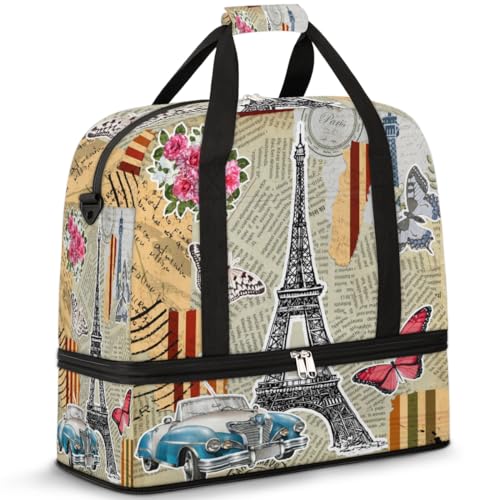 Turm Eiffelauto Blume Playbill Reise Duffle Bag für Damen Herren Wochenende Übernachtung Taschen Faltbar Nass Getrennt 47L Tragetasche für Sport Gym Yoga, farbe, 47L, Taschen-Organizer von WowPrint