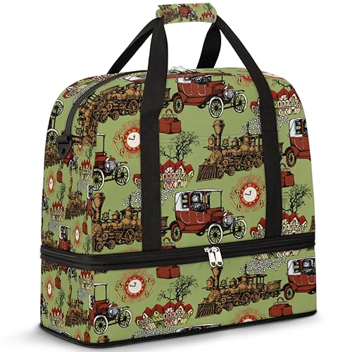 Vintage Auto Zug Reise Duffle Bag für Damen Herren Retro Auto Wochenende Übernachtung Taschen Faltbare Nass Getrennt 47L Tragetasche für Sport Gym Yoga, farbe, 47 L, Taschen-Organizer von WowPrint