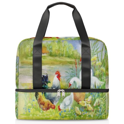 Watercolor Yard Hen and Chicks Sports Duffle Bag for Women Men Boys Kirls Chicks Chicken Weekend Overnight Bags Wet Separated 21 L Tote Bag for Travel Gym Yoga, farbe, 21L, Taschen-Organizer von WowPrint