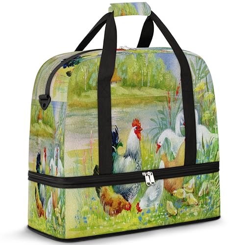 Watercolor Yard Hen and Chicks Travel Duffle Bag for Women Men Chicks Chicken Weekend Overnight Bags Foldable Wet Separated 47 L Tote Bag for Sports Gym Yoga, farbe, 47 L, Taschen-Organizer von WowPrint