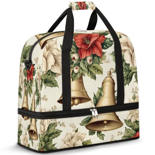 Weihnachten Thema Glocke Blume Reise Duffle Bag für Frauen Männer Wochenende Übernachtung Taschen Faltbar Nass Getrennt 47L Tragetasche für Sport Gym Yoga, farbe, 47L, Taschen-Organizer von WowPrint