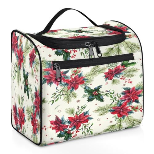 Weihnachts-Reise-Make-up-Tasche für Damen, Herren, Kinder, Mädchen, Jungen, Weihnachtsblumen, Blätter, Stechpalmenbeeren, 11,2 l, Kosmetiktasche zum Aufhängen, Kulturbeutel, Kulturbeutel, Organizer, von WowPrint