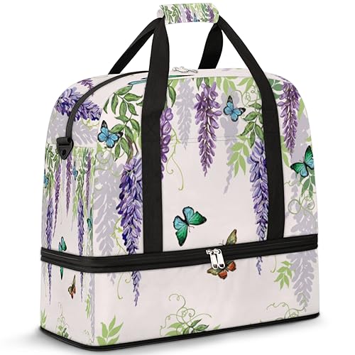 Wisteria Flowers Butterfly Travel Duffle Bag for Women Men Japan Wisteria Weekend Overnight Bags Foldable Wet Separated 47L Tote Bag for Sports Gym Yoga, farbe, 47 L, Taschen-Organizer von WowPrint