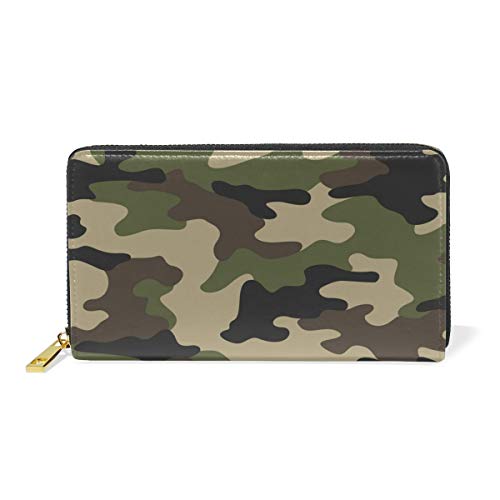 WowPrint Camo Camouflage Geldbörse aus echtem Leder, große Kapazität, Fächer mit Reißverschluss, lange Geldbörse, Tasche, Kartenhalter für Frauen Damen Mädchen von WowPrint