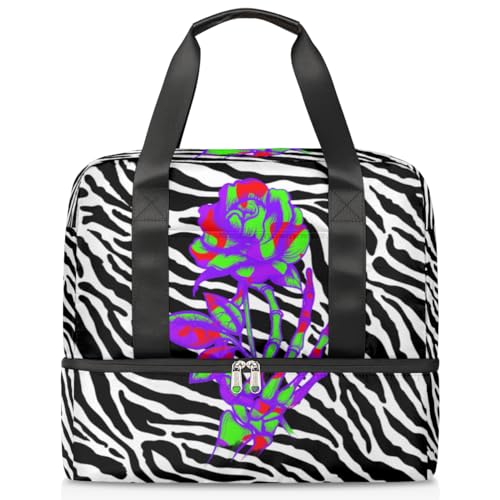 Zebra Skull Rose Sports Duffle Bag for Women Men Boys Kirls Skull Weekend Overnight Bags Wet Separated 21L Tote Bag for Travel Gym Yoga, farbe, 21L, Taschen-Organizer von WowPrint