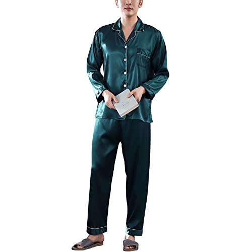 Wowcarbazole Herren Seide Satin Pyjama Set Lang/Kurzarm Button-Down Nachtwäsche mit Fronttasche, Grün 1, Medium von Wowcarbazole