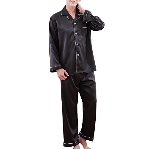 Wowcarbazole Herren Seide Satin Pyjama Set Lang/Kurzarm Button-Down Nachtwäsche mit Fronttasche, Schwarz, X-Small von Wowcarbazole