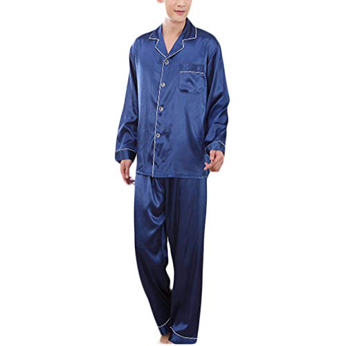 Wowcarbazole Herren Seide Satin Pyjama Set Lang/Kurzarm Button-Down Nachtwäsche mit Fronttasche, blau, X-Small von Wowcarbazole