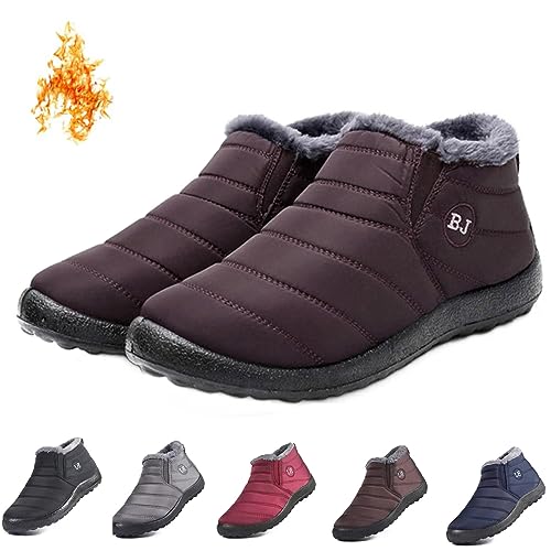 Boojoy Winter Shoes,Winter Warm Anti-slip Ankle Booties,Winter Snow Boots for Women and Men,Waterproof Non-slip Outdoor Fur Lined Snow Shoes (Brown,US 10) von Wowelo