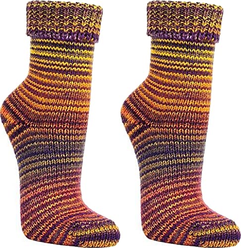 WOWERAT Wollsocken Skandinavien-Style wie handgestrickt, mit Umschlag für Damen und Herren 1 Paar (Gr.35-38, gelb-lila) von Wowerat