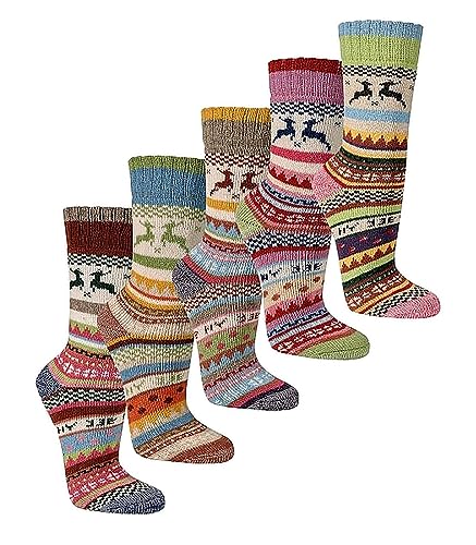 WOWERAT Hygge-Socken mit Wolle Skandinavien-Stil- MOTIVE ELCH 2 Paar (Gr.35-38, Schöne bunte Farben im 2er-Bündel sortiert.) von Wowerat