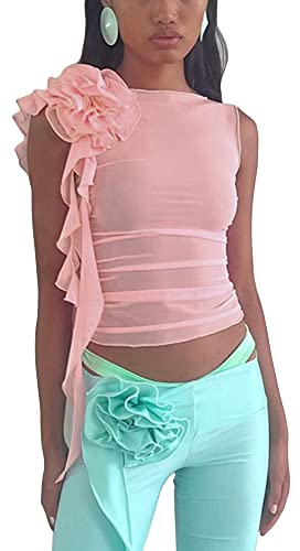 Woxlica 3D Rosette Rüschen Trim Tank Top für Frauen Sommer Ärmellos Quasten Shirts, 01 Rosa, Mittel von Woxlica