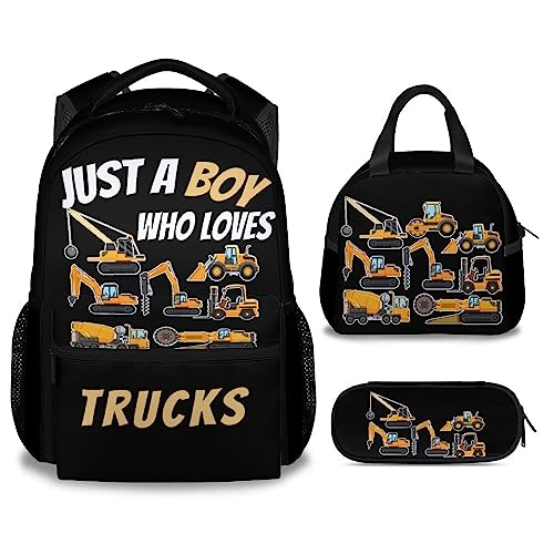 Wpamlrta Bau-LKW-Rucksack mit Lunchbox-Set für Jungen, 3-in-1-Schulrucksäcke, passende Kombination, Cartoon-gelbe Büchertasche und Federmäppchen, Stil 2-2, Einheitsgröße, Tagesrucksäcke von Wpamlrta