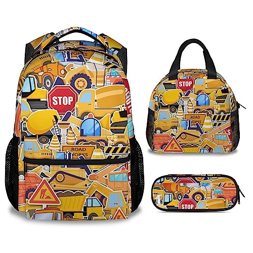 Wpamlrta Bau-LKW-Rucksack mit Lunchbox-Set für Jungen, 3-in-1-Schulrucksäcke, passende Kombination, Cartoon-gelbe Büchertasche und Federmäppchen, Stil 3-2, Einheitsgröße, Tagesrucksäcke von Wpamlrta