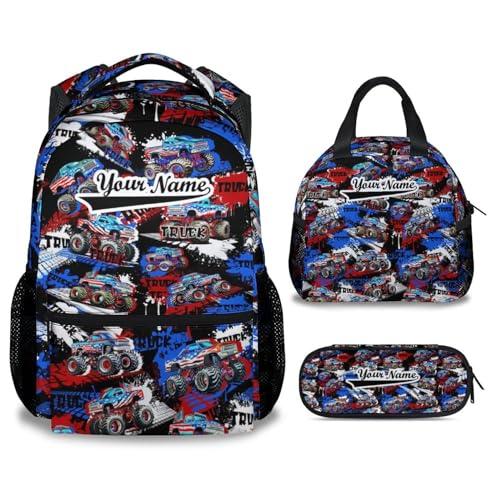 Wpamlrta Custom Truck Kinder-Rucksack mit Brotdose – Set mit 3 Schulrucksäcken, passende Kombination – coole schwarze Büchertasche und Federmäppchen, 1-4 LKW, Einheitsgröße, Tagesrucksäcke von Wpamlrta