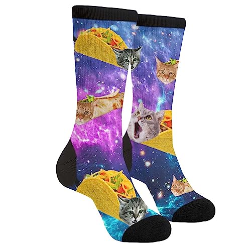 Wpamlrta Lässige Neuheit Lustige Crew Socken Mode Bequeme Männer Und Frauen Verrückte Kleid Socken, Blau Lila Galaxie Niedliche Katze Taco, One size von Wpamlrta