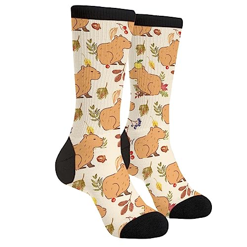 Wpamlrta Lässige Neuheit Lustige Crew Socken Mode Bequeme Männer Und Frauen Verrückte Kleid Socken, Herbstblatt Capybara Orange Ball Wildtier niedlich, One size von Wpamlrta