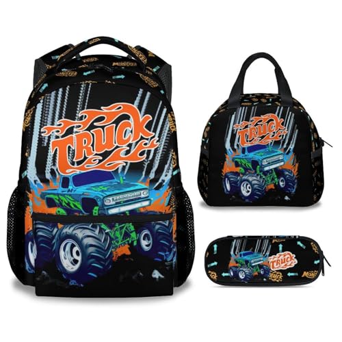 Wpamlrta Truck Kinder-Rucksack mit Lunchbox, 3er-Set, Schulrucksäcke, passende Kombination, modische schwarze Büchertasche und Federmäppchen, 3-3 LKW, Einheitsgröße, Tagesrucksäcke von Wpamlrta