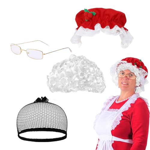 Perücke Damen, 4 Stück Weihnachten Mrs. Kostüm Cosplay Perücke, Mrs Claus Oma Cosplay Hut mit Haarnetz und Brille von Wpsagek