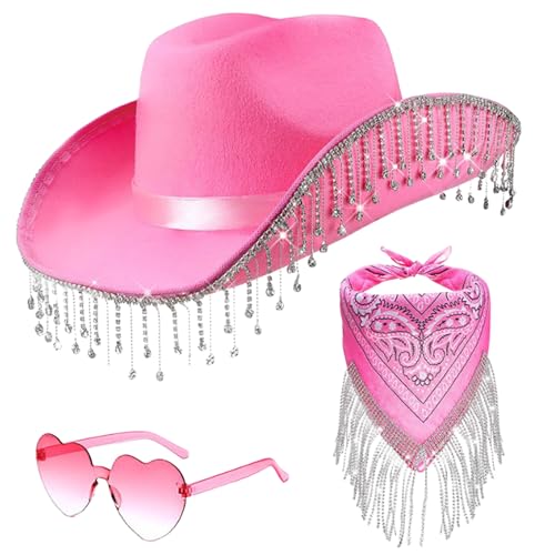 Wpsagek 3 Stück Cowboy Hut Mit Halstuch Und Herzbrille, Cowgirl Hut Set Kostümzubehör, Strass-Quasten Cowboyhut Party Cosplay Zubehör Für Damen von Wpsagek