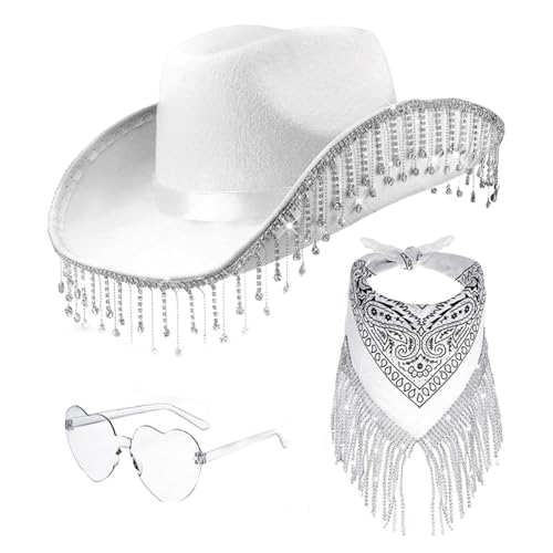 Wpsagek 3 Stück Cowboy Hut Mit Halstuch Und Herzbrille, Cowgirl Hut Set Kostümzubehör, Strass-Quasten Cowboyhut Party Cosplay Zubehör Für Damen von Wpsagek