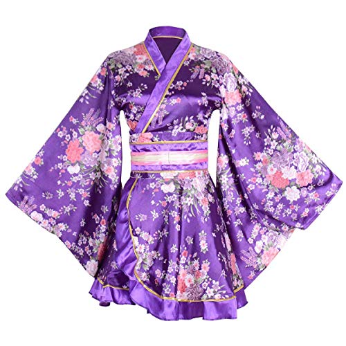 Wraith of East Kimono-Kostüm für Erwachsene, japanisches Geisha-Yukata-Blumenmuster, Bademantel, Nachtwäsche mit Obi-Gürtel, 32-lila, Large von Wraith of East