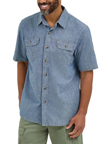 Wrangler Authentics Klassisches gewebtes Herrenhemd, kurzärmelig, Mid Wash Chambray, Klein von Wrangler Authentics