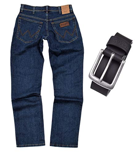 Wrangler Texas Stretch Herren Jeans Regular Fit inkl. Gürtel (W32/L36, Darkstone) von Wrangler